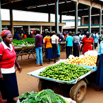 **

A bustling market scene in Harare, Zimbabwe. People are selling fresh produce, but there's a sense of hardship visible in their faces and worn clothing. In the background, a government building with visible signs of disrepair. Include elements suggesting economic hardship and resilience. Fully clothed, appropriate attire, safe for work, perfect anatomy, natural proportions, professional, modest, family-friendly.

**