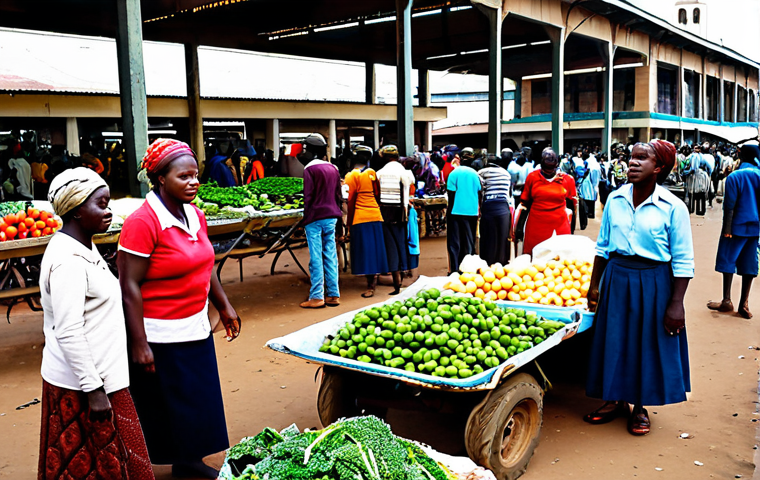**

A bustling market scene in Harare, Zimbabwe. People are selling fresh produce, but there's a sense of hardship visible in their faces and worn clothing. In the background, a government building with visible signs of disrepair. Include elements suggesting economic hardship and resilience. Fully clothed, appropriate attire, safe for work, perfect anatomy, natural proportions, professional, modest, family-friendly.

**