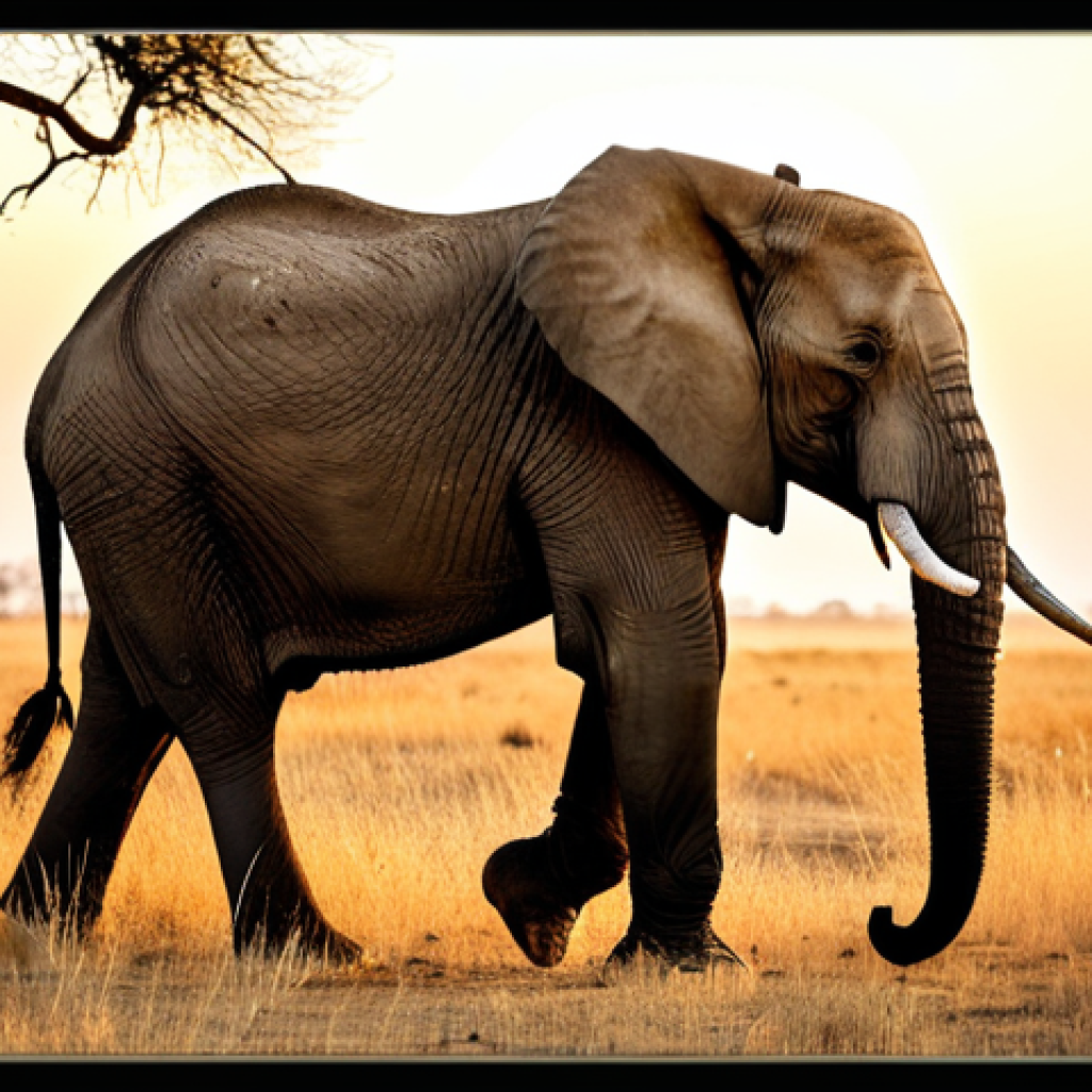**

"A majestic African elephant, fully clothed in its natural skin, stands in the golden light of sunset in Hwange National Park, Zimbabwe.  Appropriate content, safe for work. The elephant is surrounded by dry grasslands and acacia trees.  Professional photography, perfect anatomy, correct proportions, well-formed tusks, natural pose, warm color palette, family-friendly."

**
