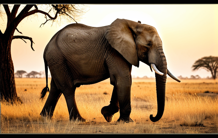 **

"A majestic African elephant, fully clothed in its natural skin, stands in the golden light of sunset in Hwange National Park, Zimbabwe.  Appropriate content, safe for work. The elephant is surrounded by dry grasslands and acacia trees.  Professional photography, perfect anatomy, correct proportions, well-formed tusks, natural pose, warm color palette, family-friendly."

**