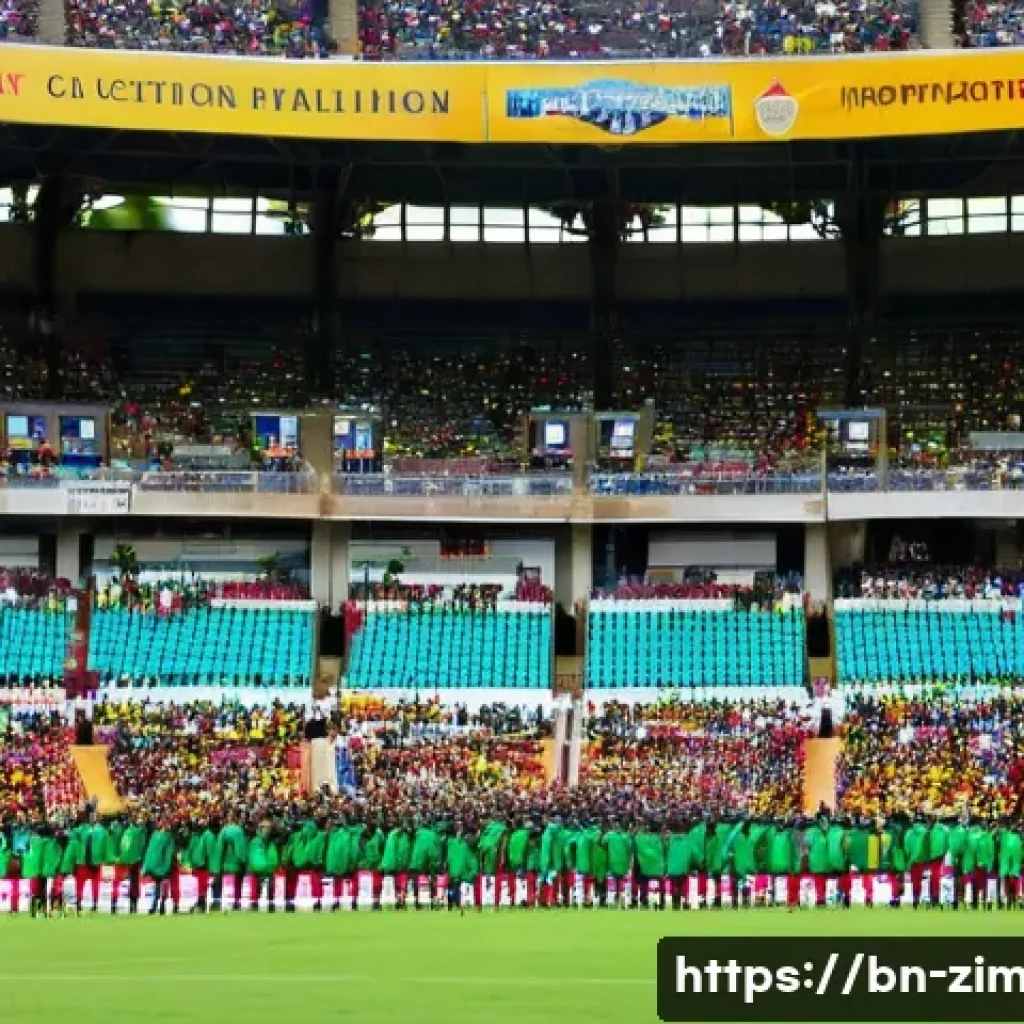 짐바브웨에서 축구 경기 관람하기 - **Vibrant Zimbabwean Football Stadium Atmosphere:**
    A panoramic, high-angle shot capturing the e...