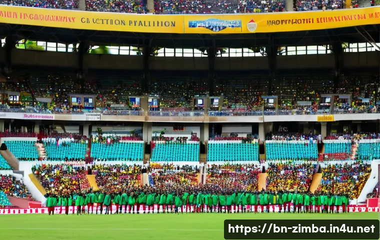 짐바브웨에서 축구 경기 관람하기 - **Vibrant Zimbabwean Football Stadium Atmosphere:**
    A panoramic, high-angle shot capturing the e...