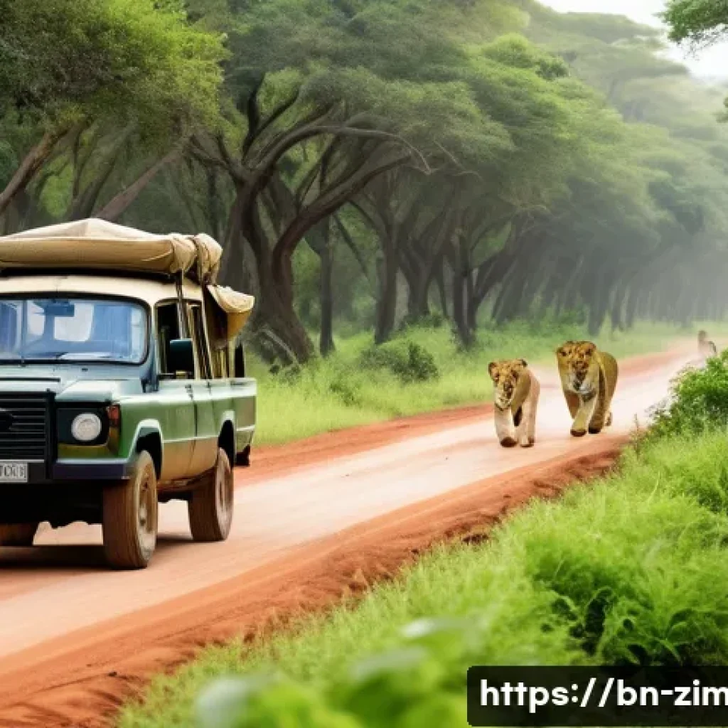 짐바브웨에서 로드 트립 추천 코스 - A serene scene of a safari vehicle driving through the lush green Mashonaland National Park in Zimba...