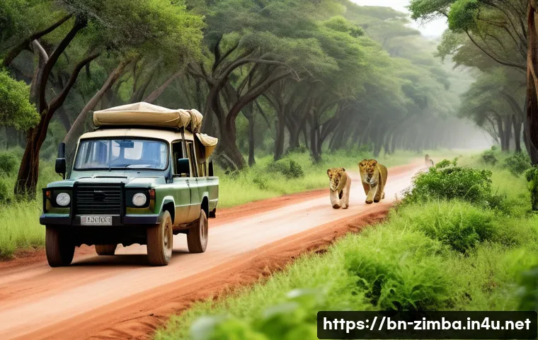 짐바브웨에서 로드 트립 추천 코스 - A serene scene of a safari vehicle driving through the lush green Mashonaland National Park in Zimba...