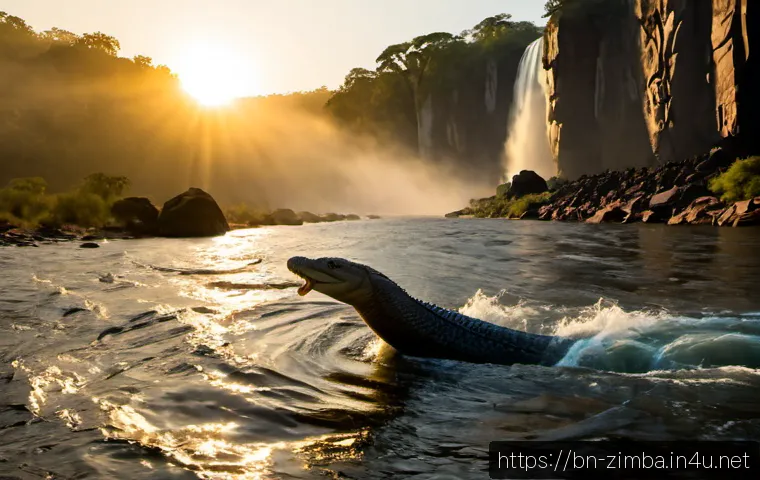 Home 17 짐바브웨의 유명한 전설과 신화 - Photorealistic cinematic scene of Nyami Nyami, the Zimbabwean Zambezi River spirit, emerging gently ...