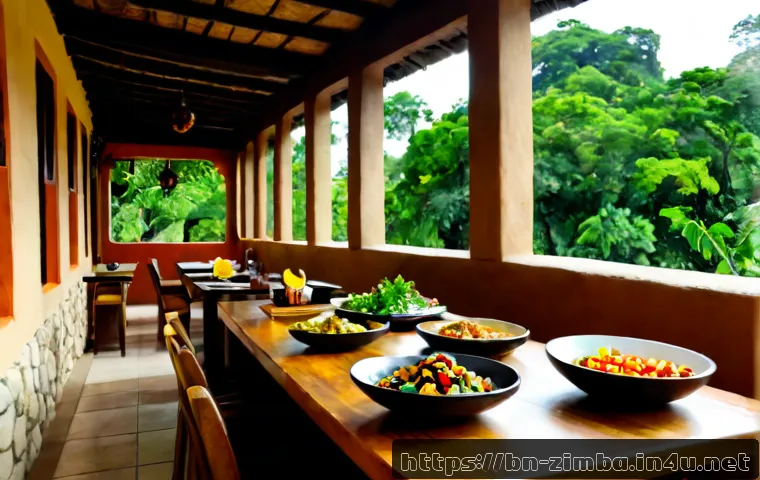 짐바브웨에서 채식주의자를 위한 레스토랑 - Photorealistic welcoming vegetarian restaurant in Zimbabwe, sunlit open-air dining terrace with a ne...